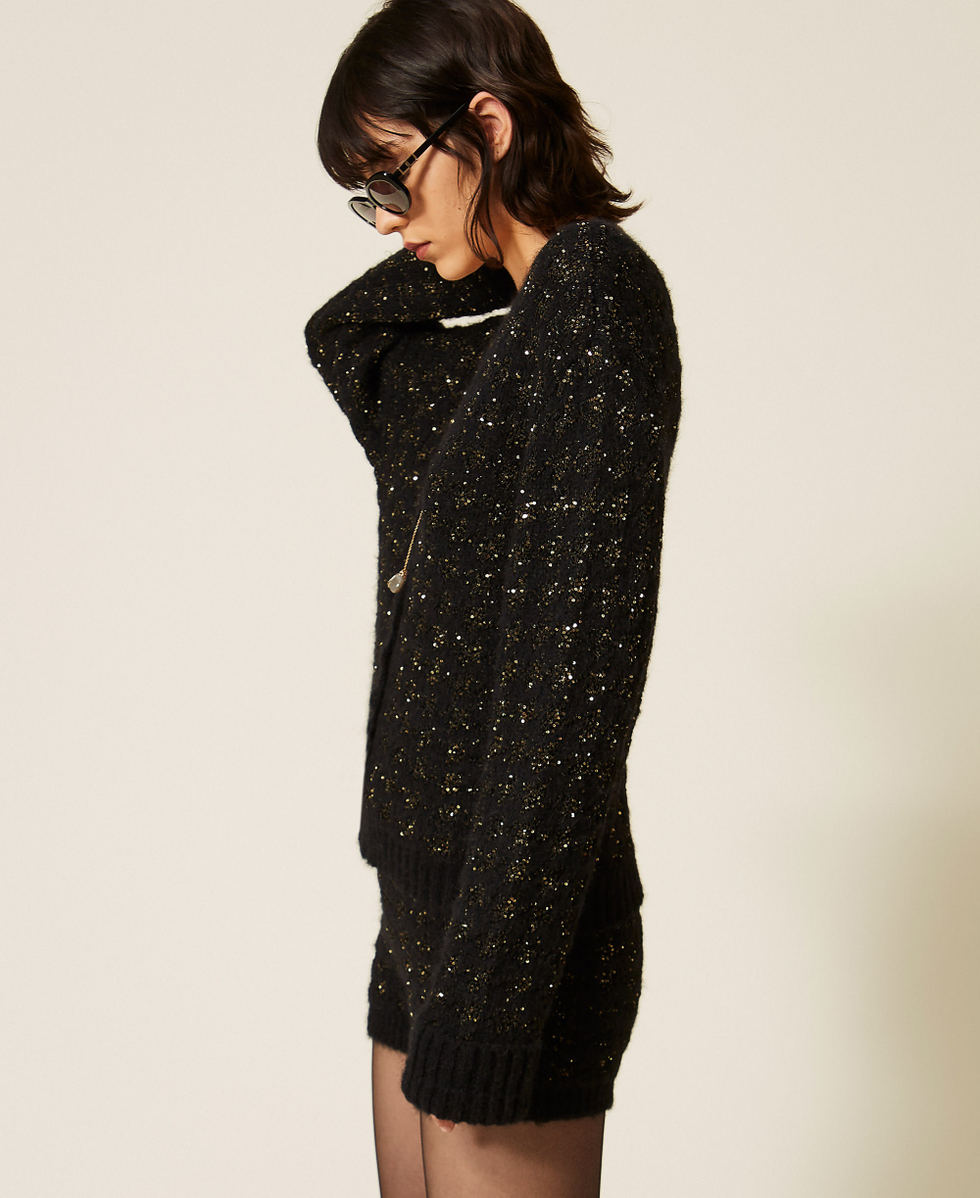 Cardigan aus Jacquard-Strick mit Hahnentrittmuster Schwarz / Schwarz-Gold Frau 262TP3360_13926_02