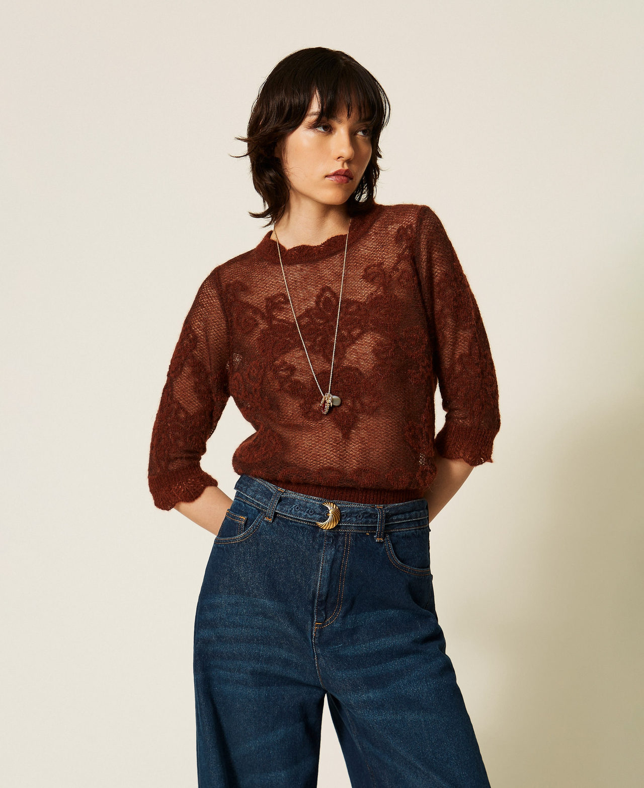 Jacquard alpaca blend jumper "Cherry Wood" Brown Woman 262TP3341_06501_01