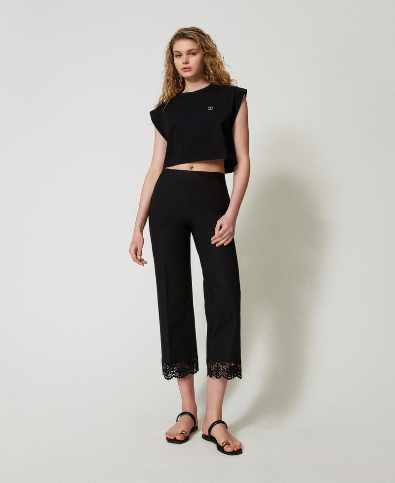 T-shirt cropped con logo Oval T di strass Nero Donna 251TT2043_00006_T0