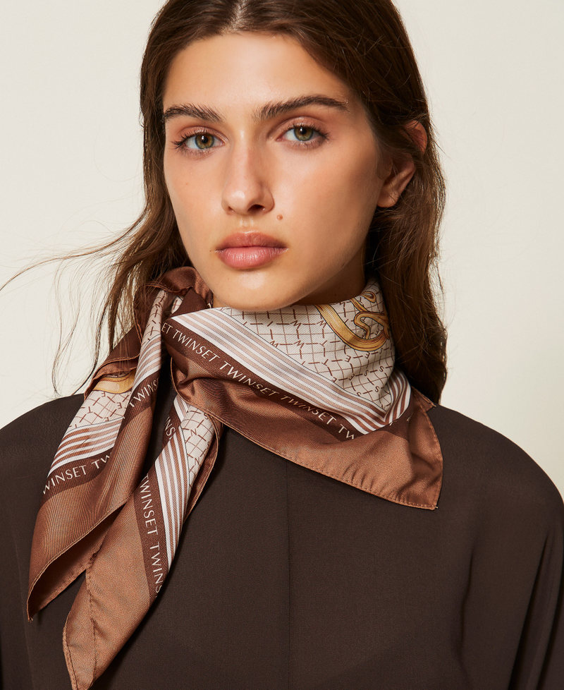 Satin foulard with print Brown "Nut" Lucky Charms Print Woman 262TO5550_14093_A0