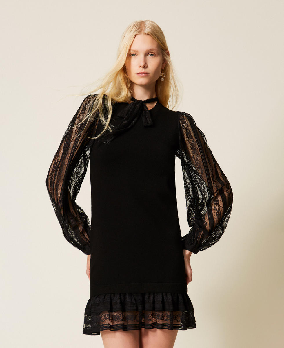 Robe courte en maille et dentelle Noir Femme 261TP3430_00006_01