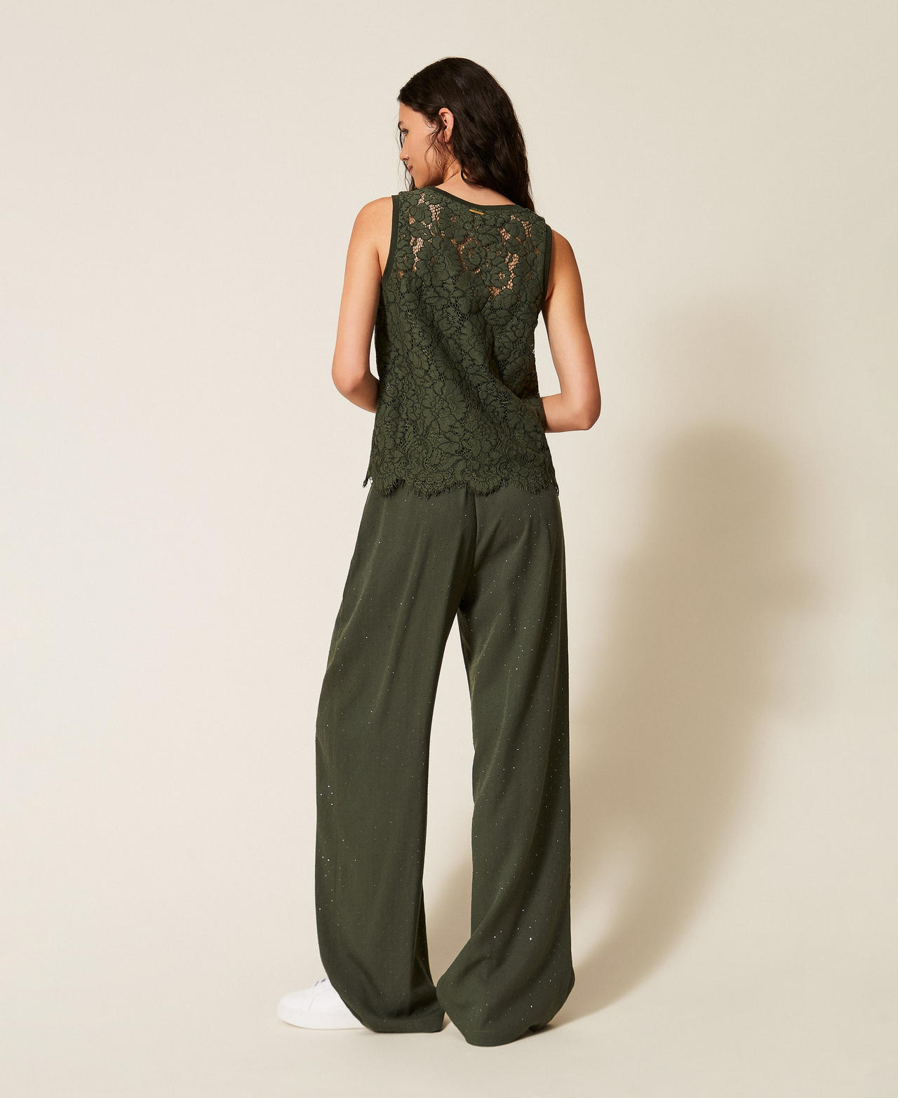Twill trousers with studs Thyme Green Woman 261LL2PDD_12843_03