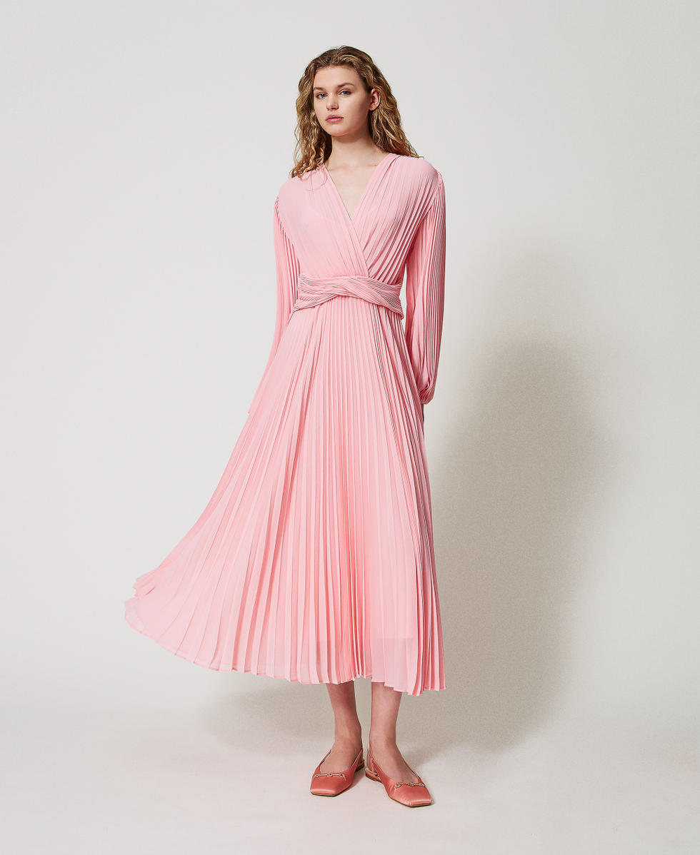 Robe longue en cr&ecirc;pe georgette pliss&eacute; Peach Femme 251TP2330_12142_01