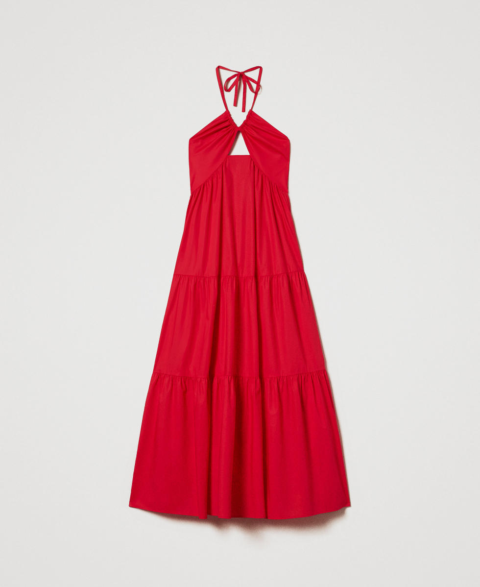 Robe longue en popeline avec volants Hibiscus Red Femme 251TT2027_12365_S0