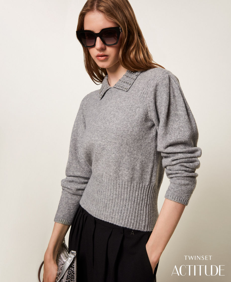 Recycled yarn polo collar jumper Light Grey Melange Woman 252AP3160_11811_PA