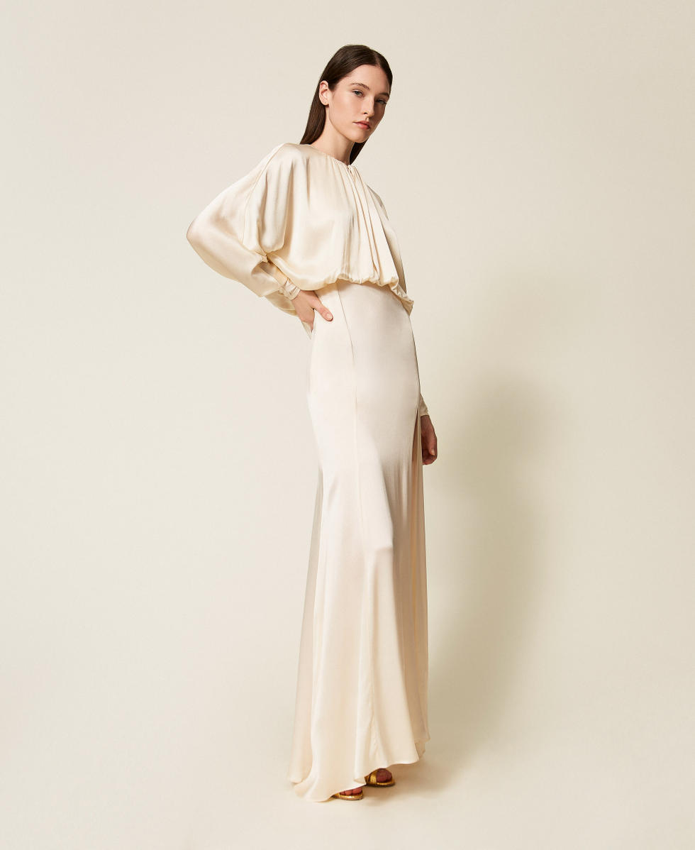 Langes Kleid aus Seidenmischsatin „Butter Cookie“-Weiß Frau 252TS2200_12078_02