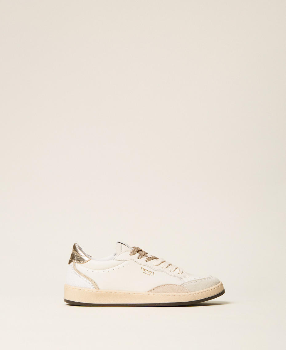 Baskets en cuir avec logo et empi&egrave;cement lam&eacute; Bicolore Blanc Cass&eacute;/Or Femme 262TCP098_10790_01