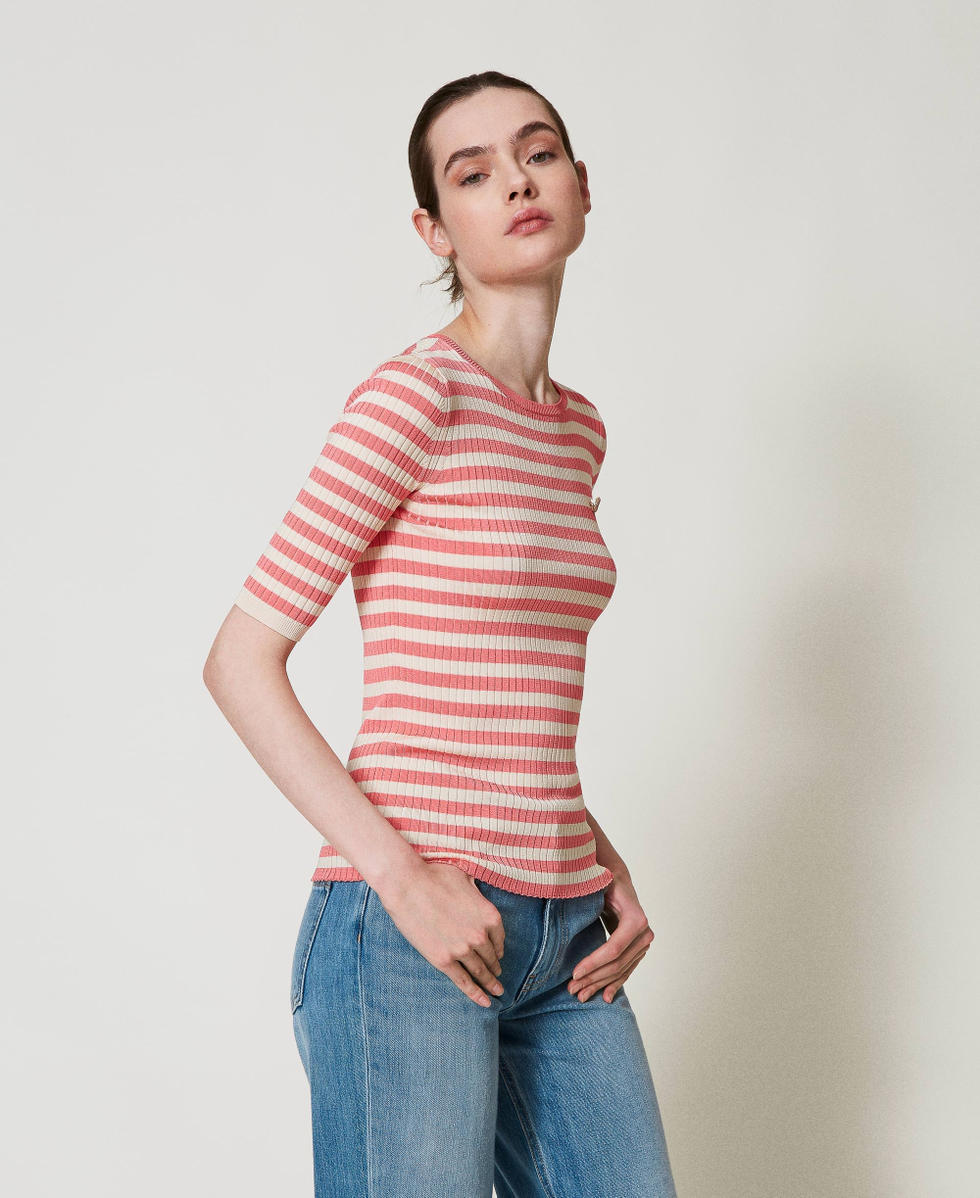 Striped jumper with short sleeves Snow White/Dark Peach Stripes Woman 251TP3470_12343_02