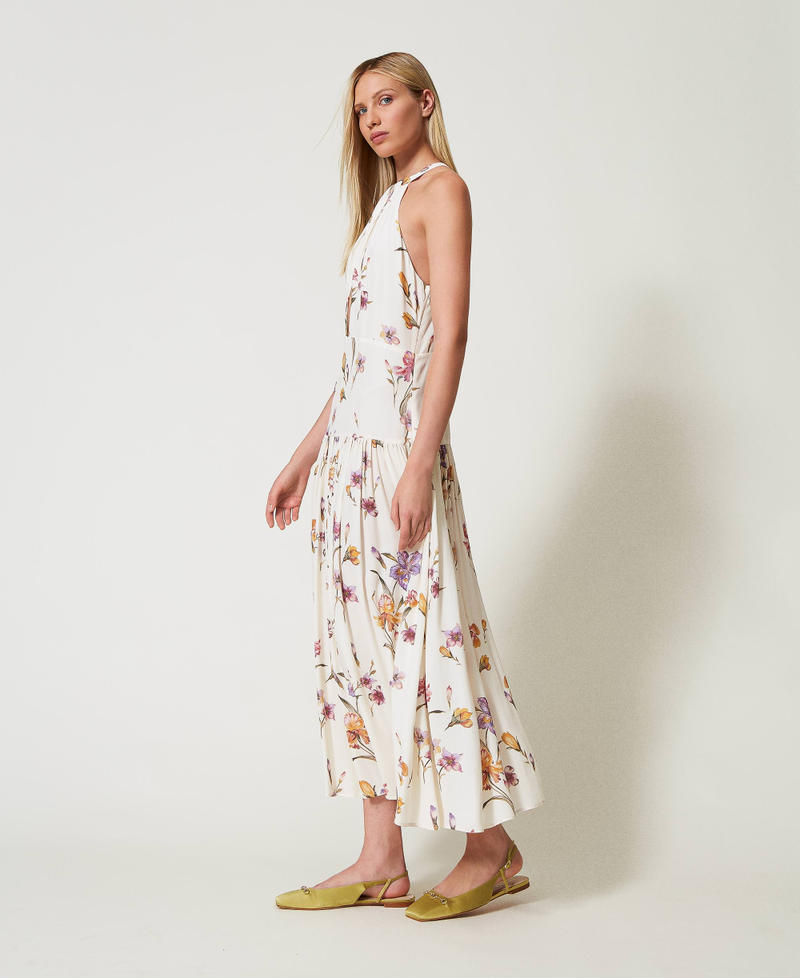 Robe longue encolure américaine en crêpe de Chine floral Imprimé Iris Multicolore/Nacre Femme 251TP2771_12329_02