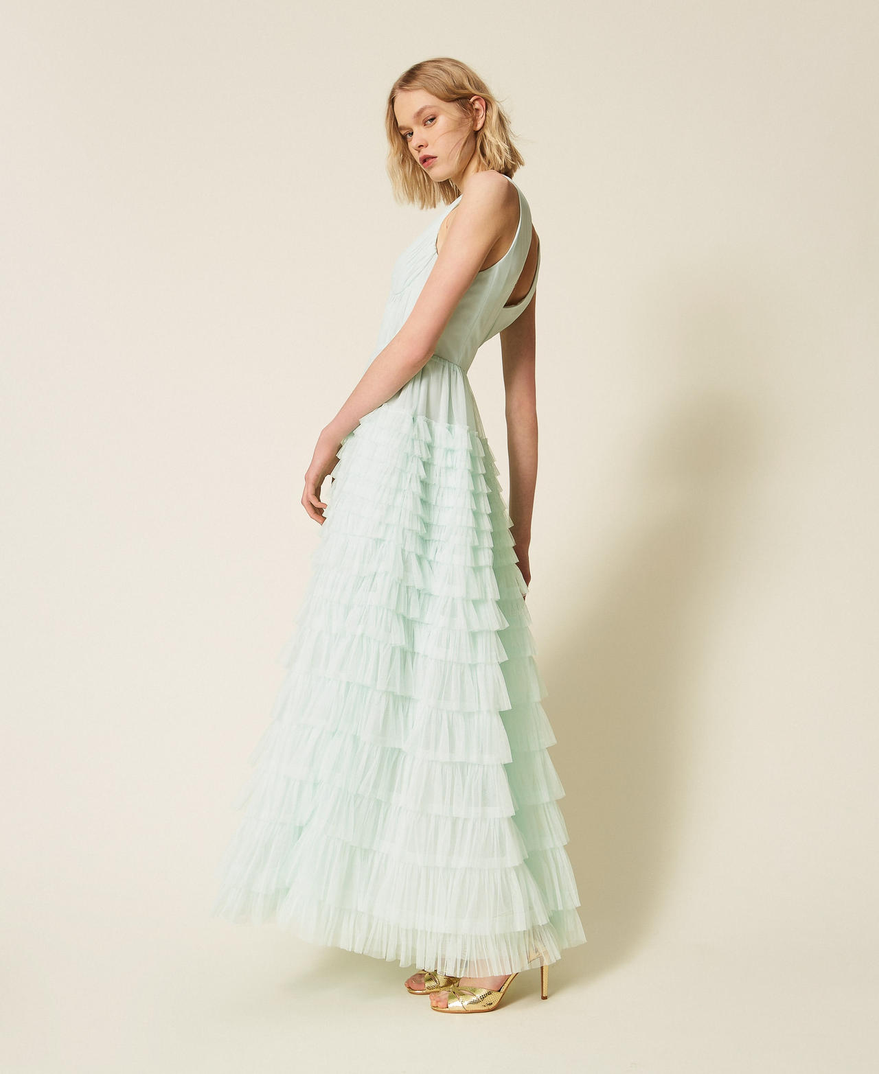 Long pleated tulle dress Aqua Blue Woman 261TP208A_13162_02