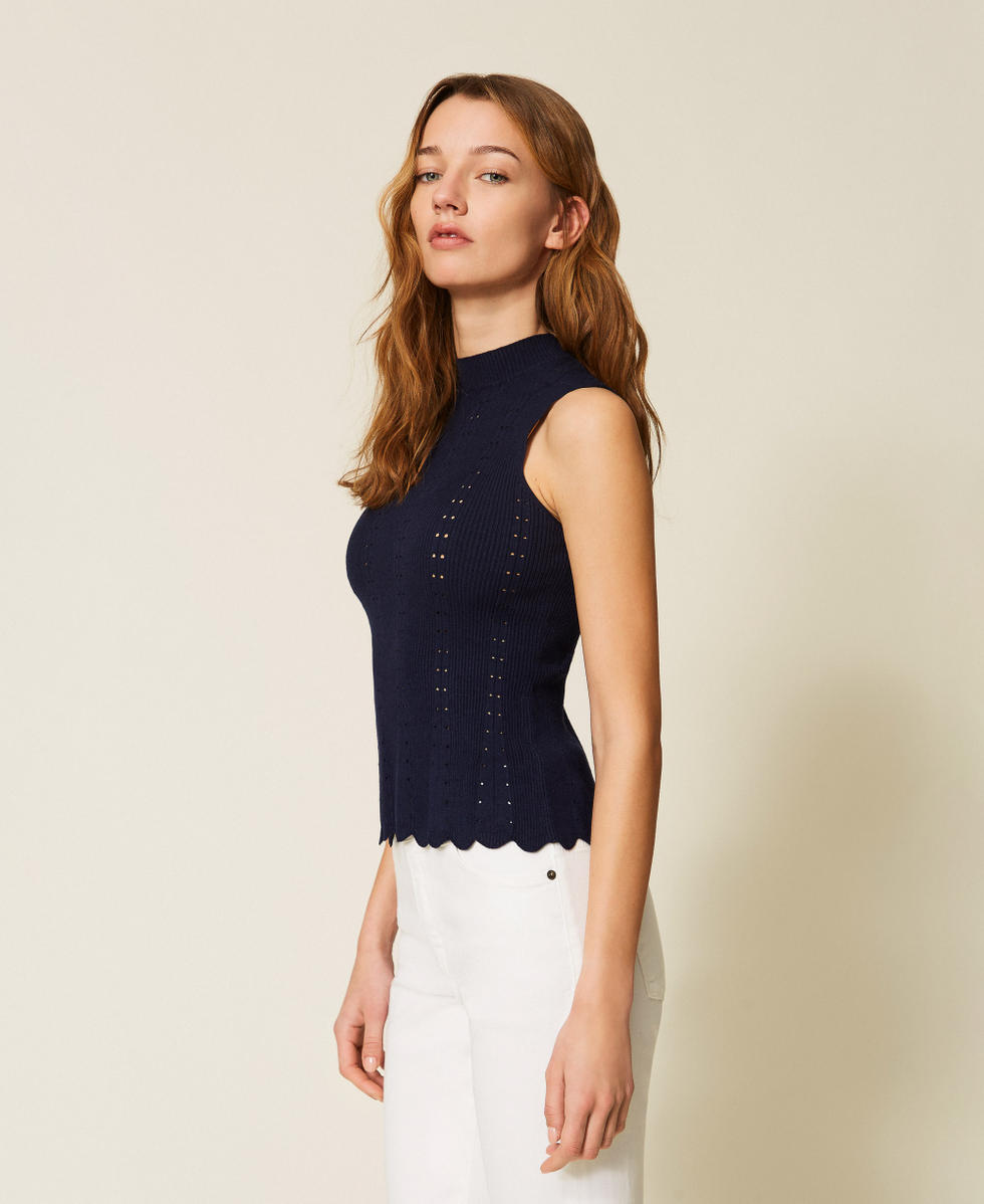 Top col montant en maille avec feston Bleu Nuit Femme 261TP3052_13172_02