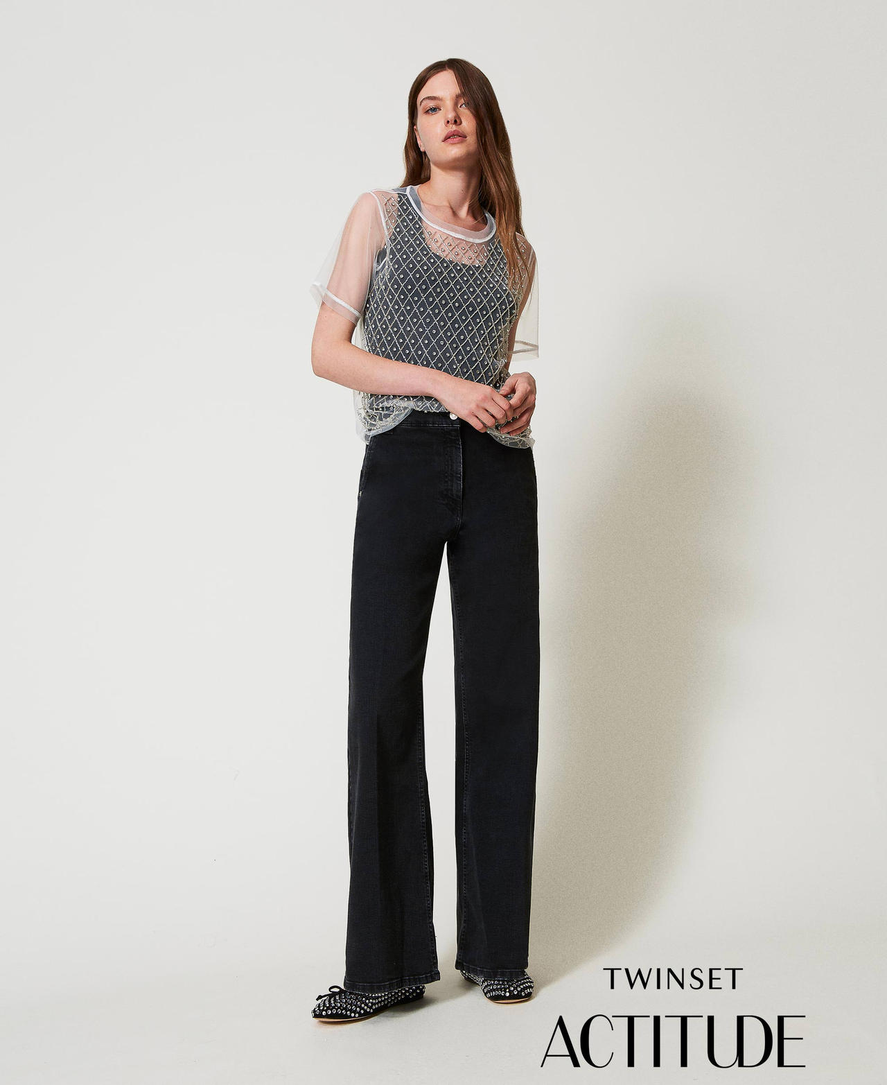 Jeans wide leg con piega stirata Denim Nero Donna 251AP2373_01103_PA