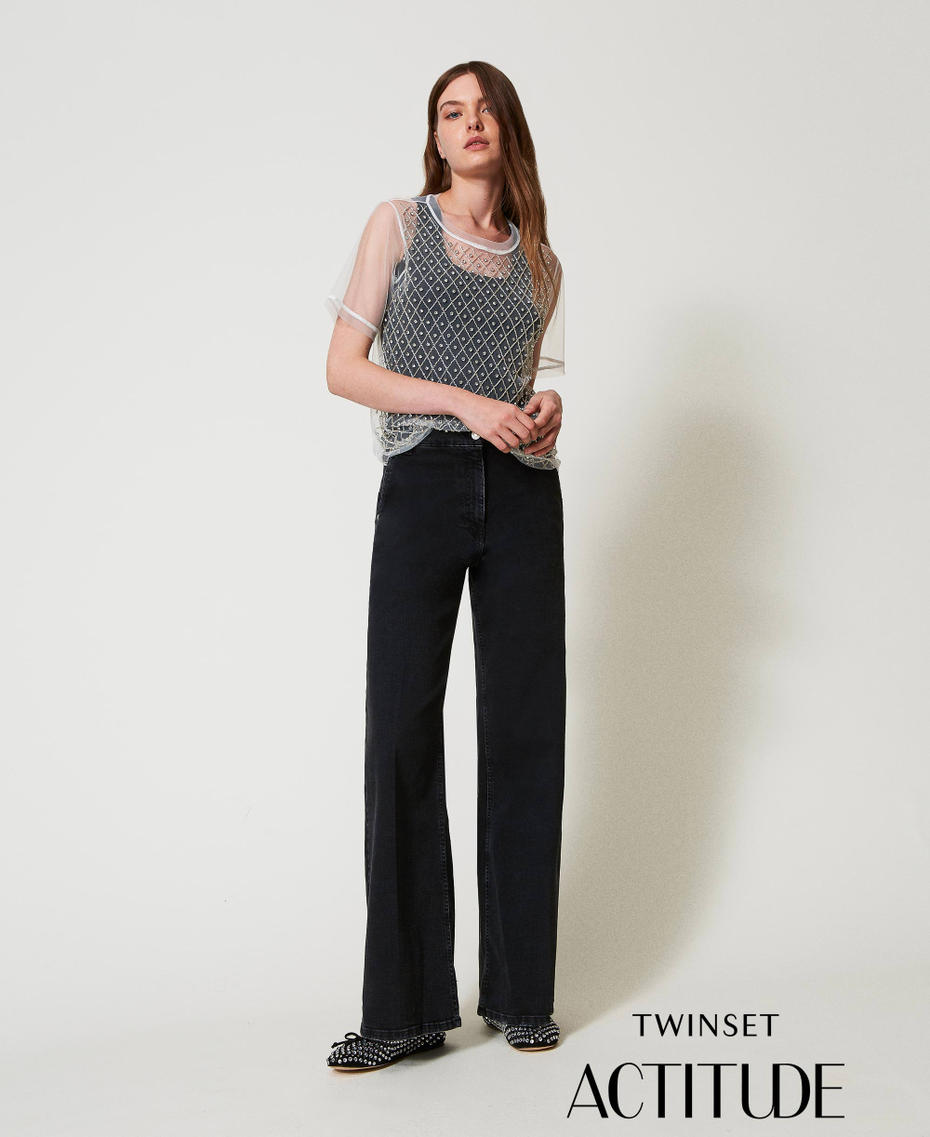 Wide leg jeans with permanent crease Black Denim Woman 251AP2373_01103_PA