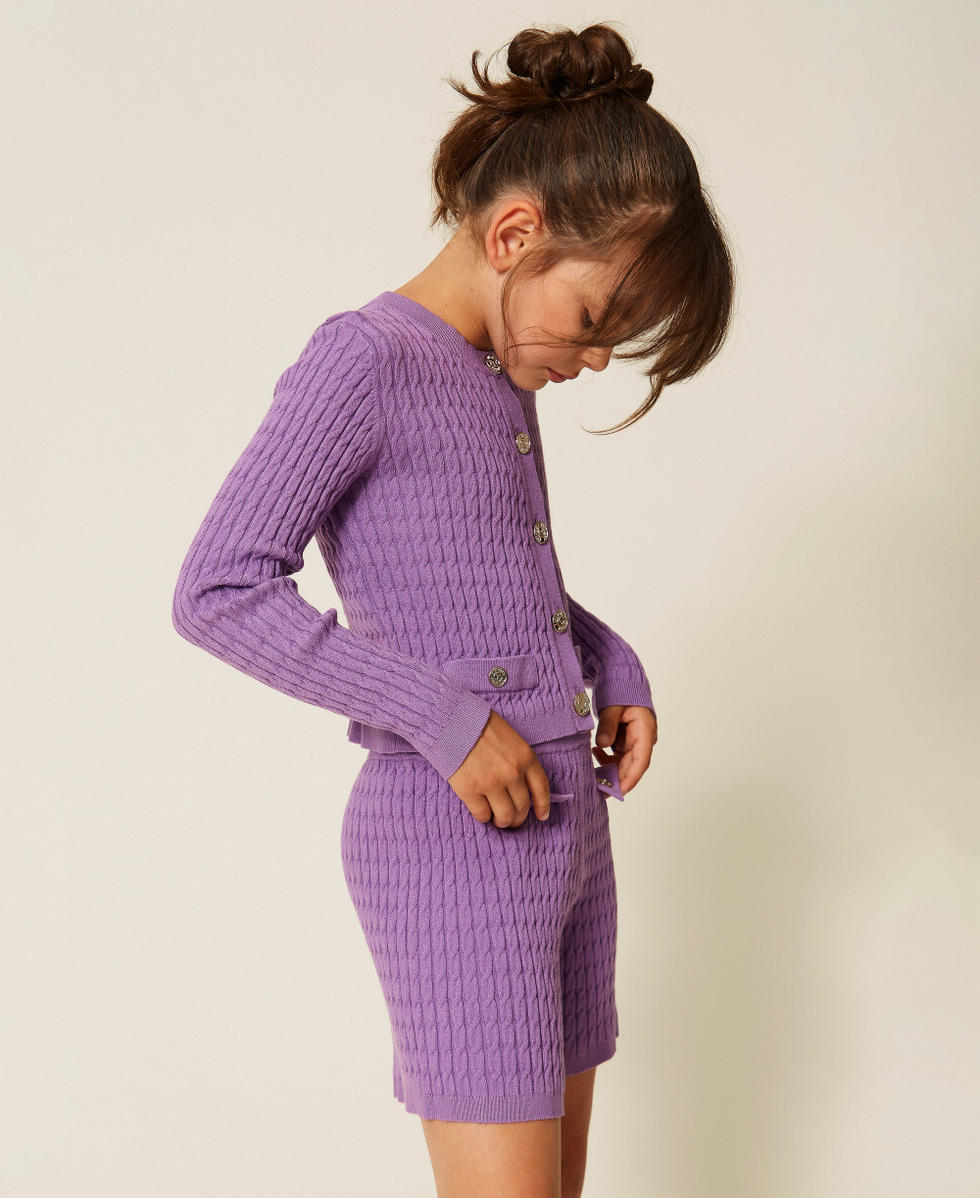 Cardigan ajust&eacute; en maille torsad&eacute;e Violet &laquo;&thinsp;Jacinthe&thinsp;&raquo; Fille 262GJ3072_11296_01