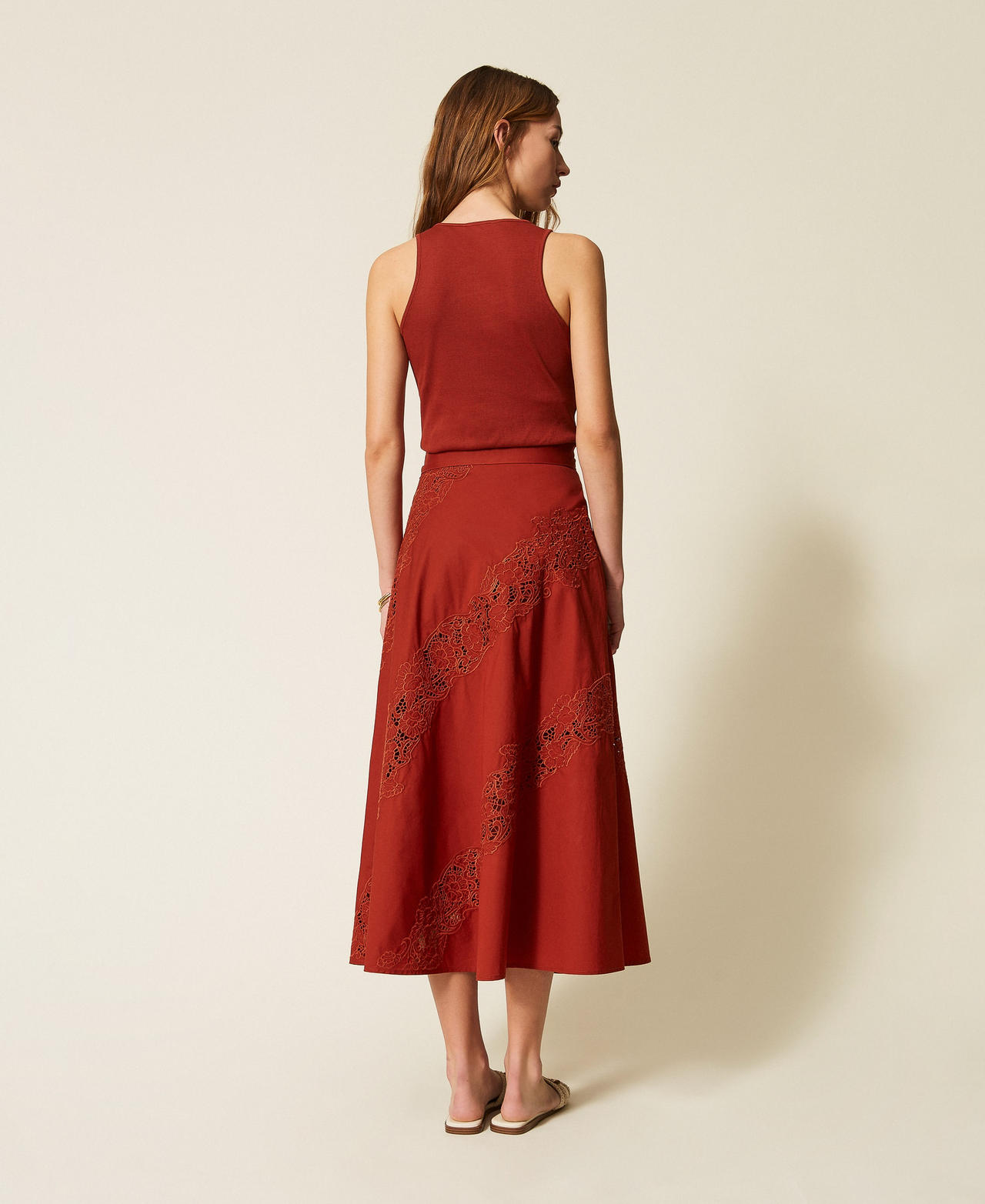 Gonna lunga in popeline e sangallo Brown "Henna" Donna 261TT2030_13332_03