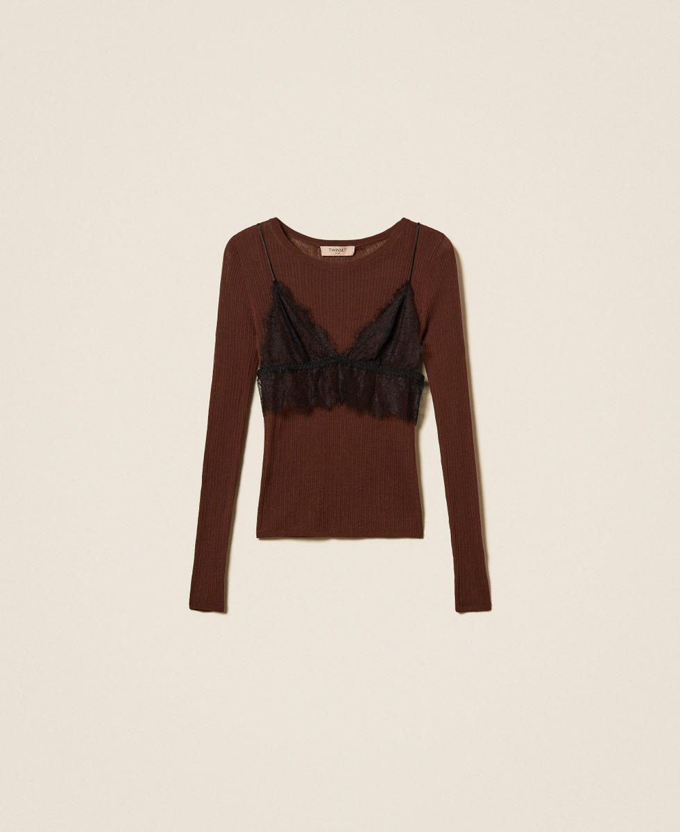 Pull en soie m&eacute;lang&eacute;e avec top Bicolore Marron "Dark Coffee" Fonc&eacute;/Noir Femme 262TP3010_13887_S0