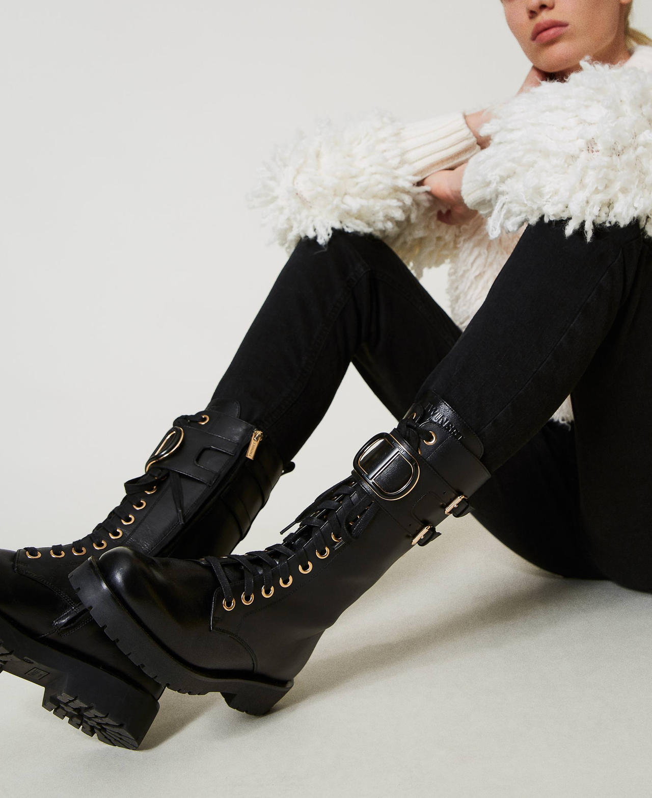 High leather combat boots with Oval T Black Woman 242TCP084_00006_0S