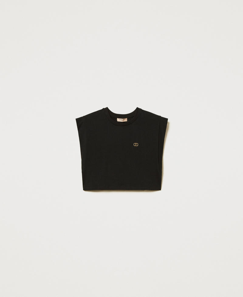 T-shirt cropped con logo Oval T di strass Nero Donna 251TT2043_00006_S0