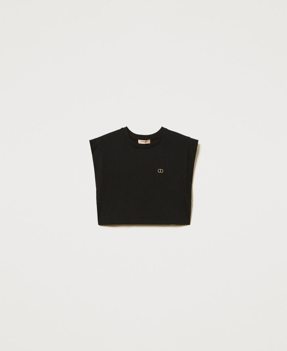 T-shirt cropped con logo Oval T di strass Nero Donna 251TT2043_00006_S0