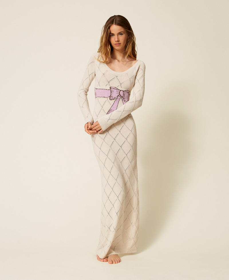 Long Treeblend yarn dress with inlay Pale Cream Woman 252TP3340_00522_01