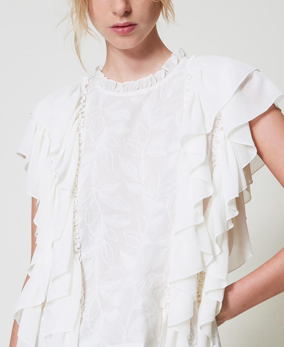 Bluse aus Musselin mit R&uuml;schen und Stickerei Sugar Wei&szlig; Frau 251AP2490_00632_03