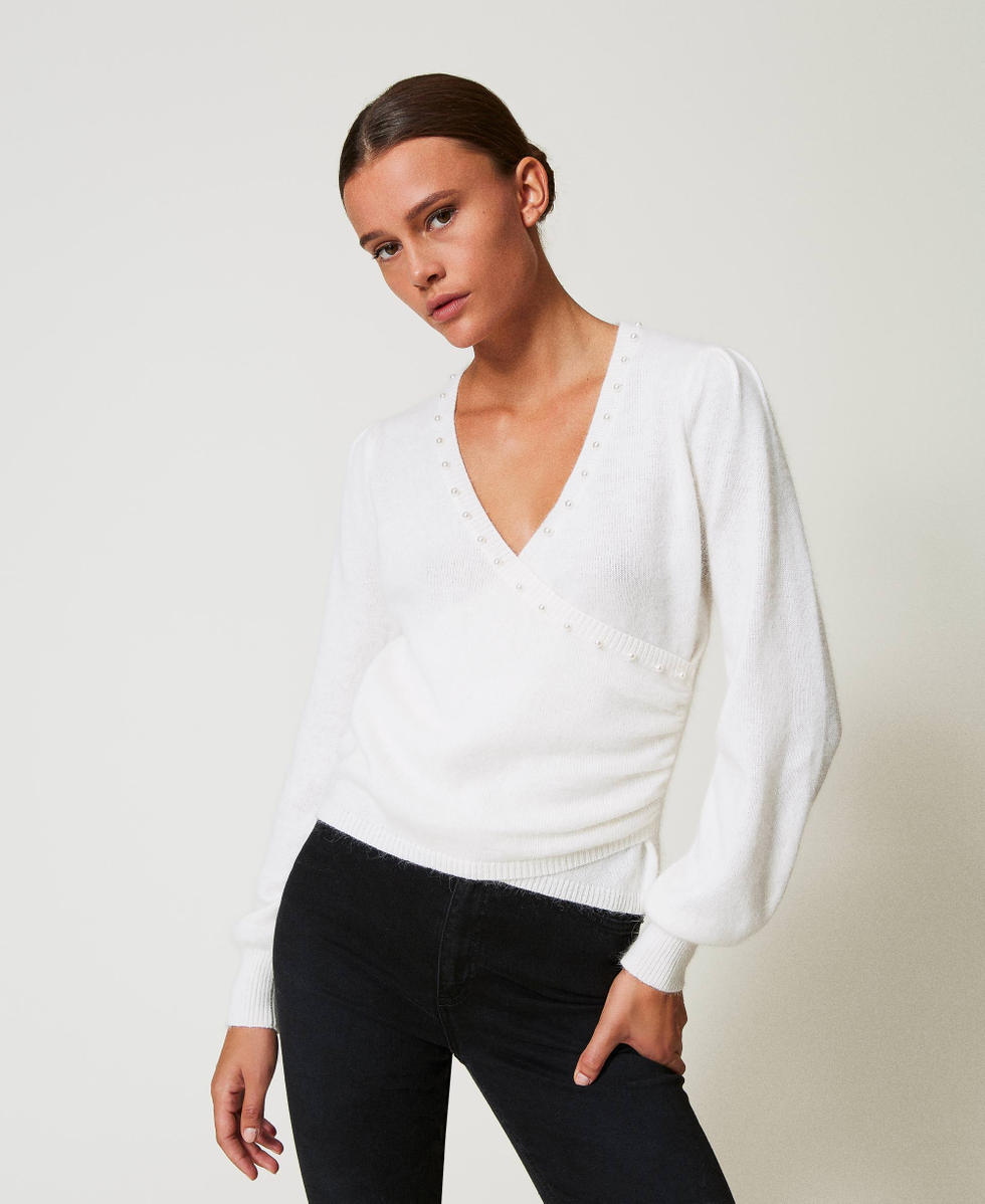Pull en angora m&eacute;lang&eacute; avec perles Blanc Neige Femme 242TT3290_00282_02