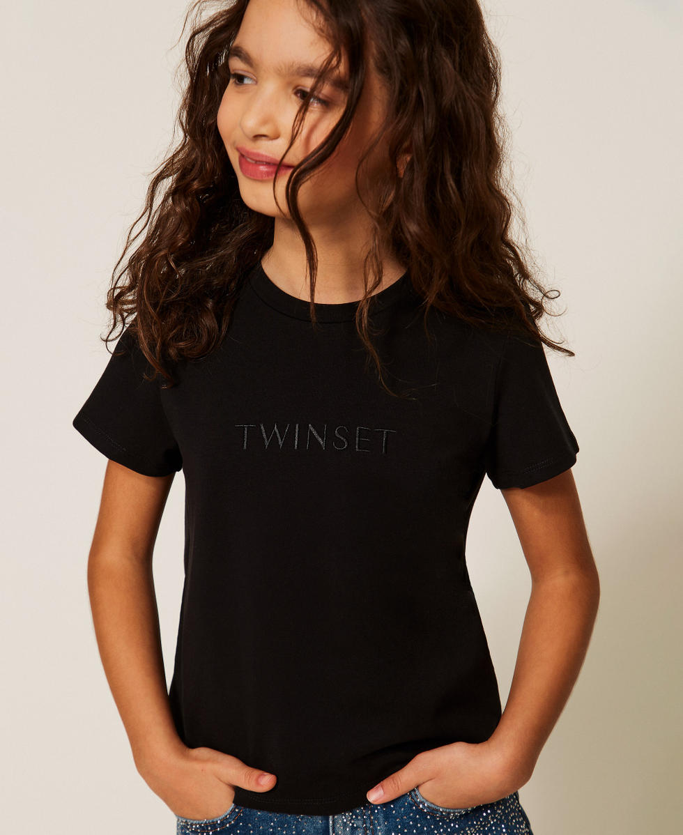 T-shirt regular con logo ricamato Nero Bambina 261GJ2252_00006_PD