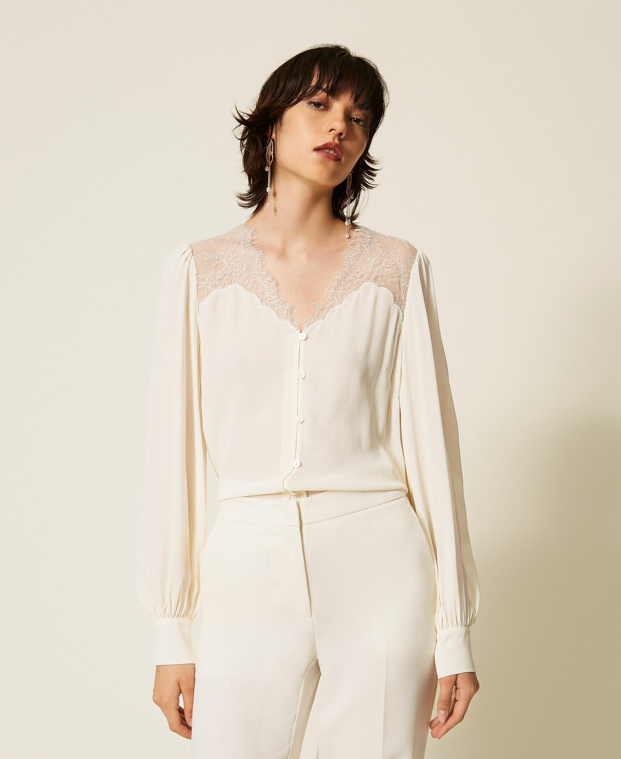 Twinset Women's Mother Of Pearl Jacquard Shirt With Lace