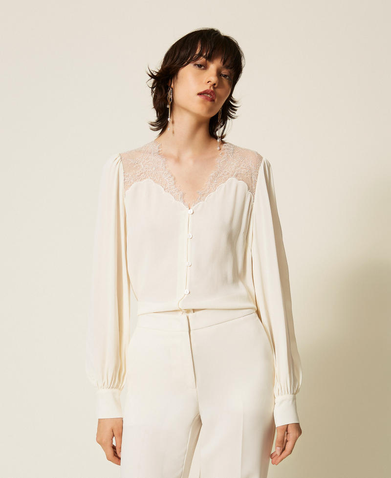 Jacquard shirt with lace Mother Of Pearl Woman 262TP2481_00059_01