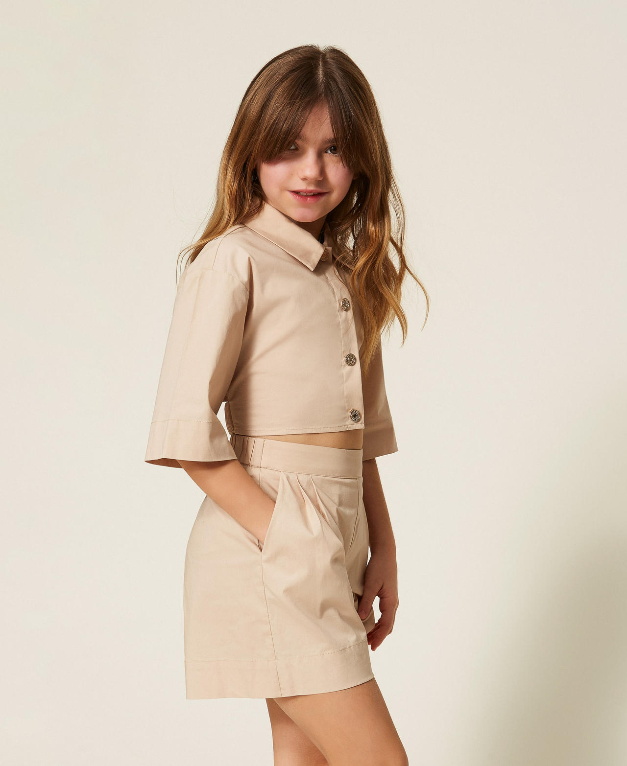 Camicia cropped e bermuda in popeline Beige "Safari" Bambina 261GJ2014_13191_02