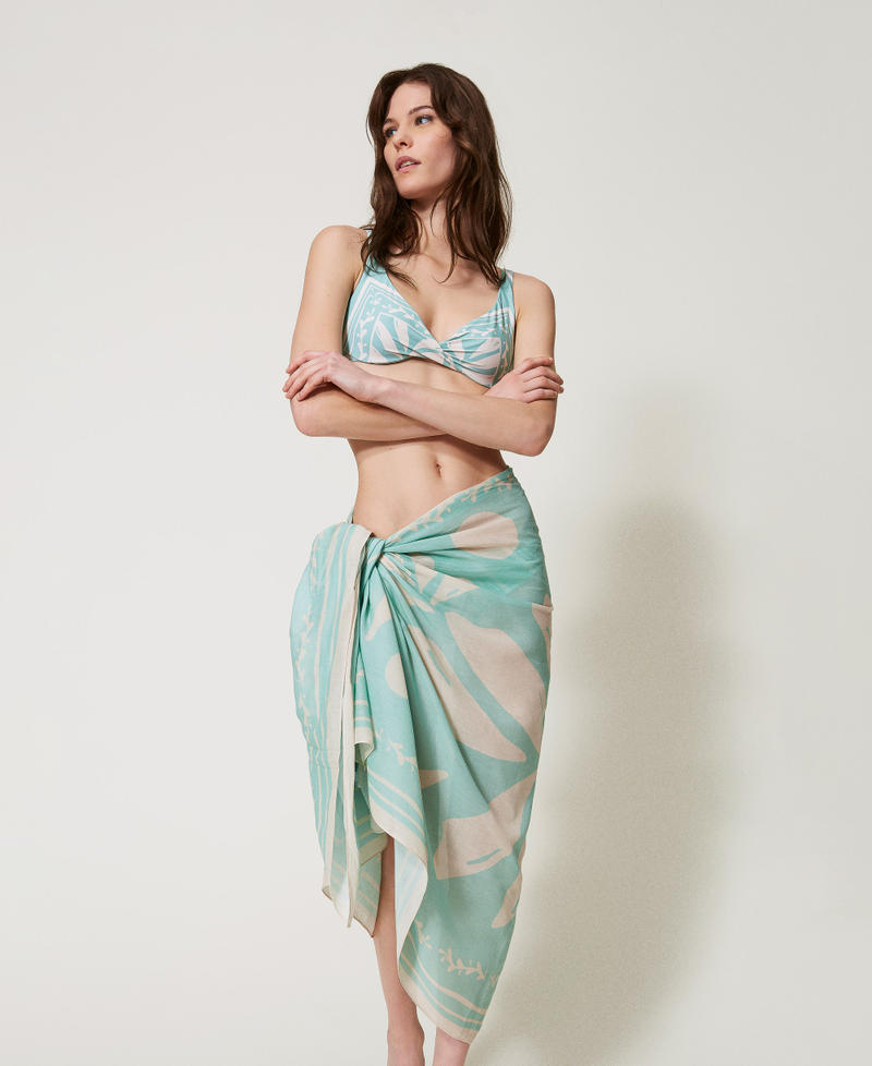 Sarong with palm print Green Marine/Almond Beige Foulard Print Woman 251LM5BEE_12382_01