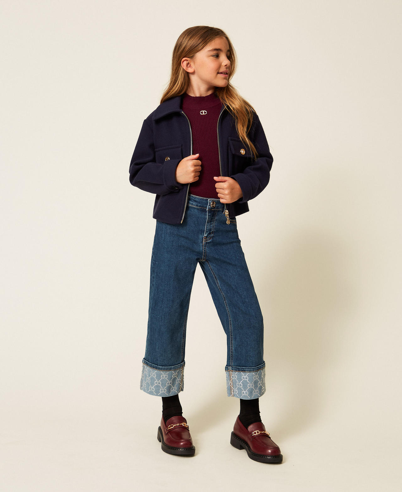 Twinset Girls Denim Mid Blue - Five-Pocket Jeans With Rhinestone Oval T, : 8A