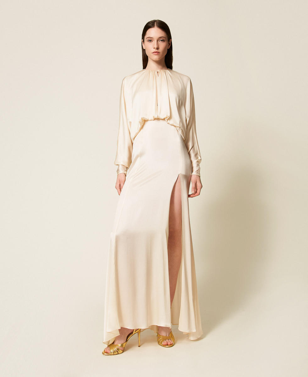 Langes Kleid aus Seidenmischsatin „Butter Cookie“-Weiß Frau 252TS2200_12078_01