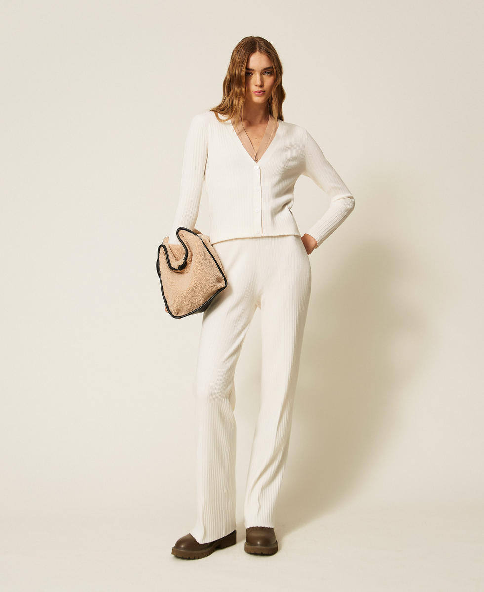 Cardigan trompe l'oeil a costine Bicolor Madreperla / Beige "Dune" Donna 262LI3EAA_13720_T0