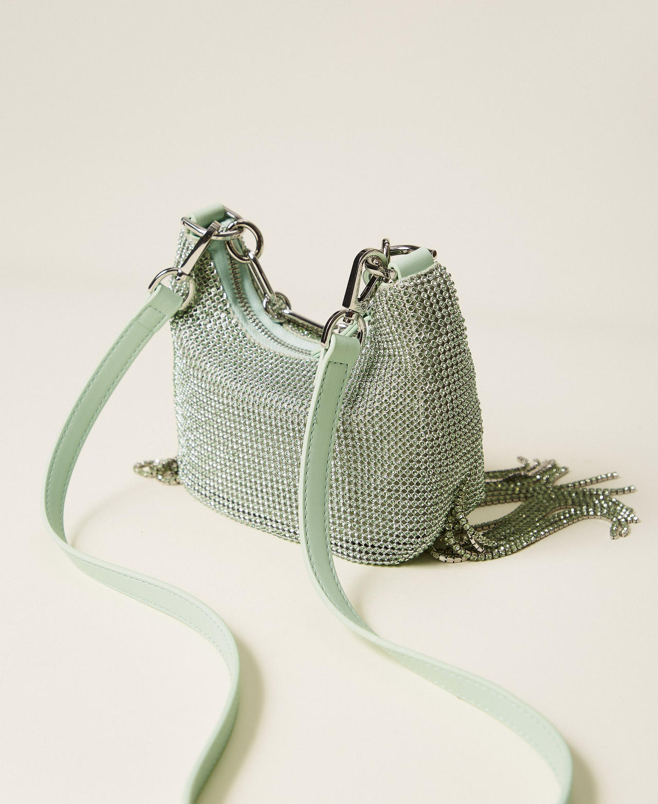 &lsquo;Mini Croissant&rsquo; rhinestone bag with fringes Aqua Blue Woman 261TB7360_13162_03