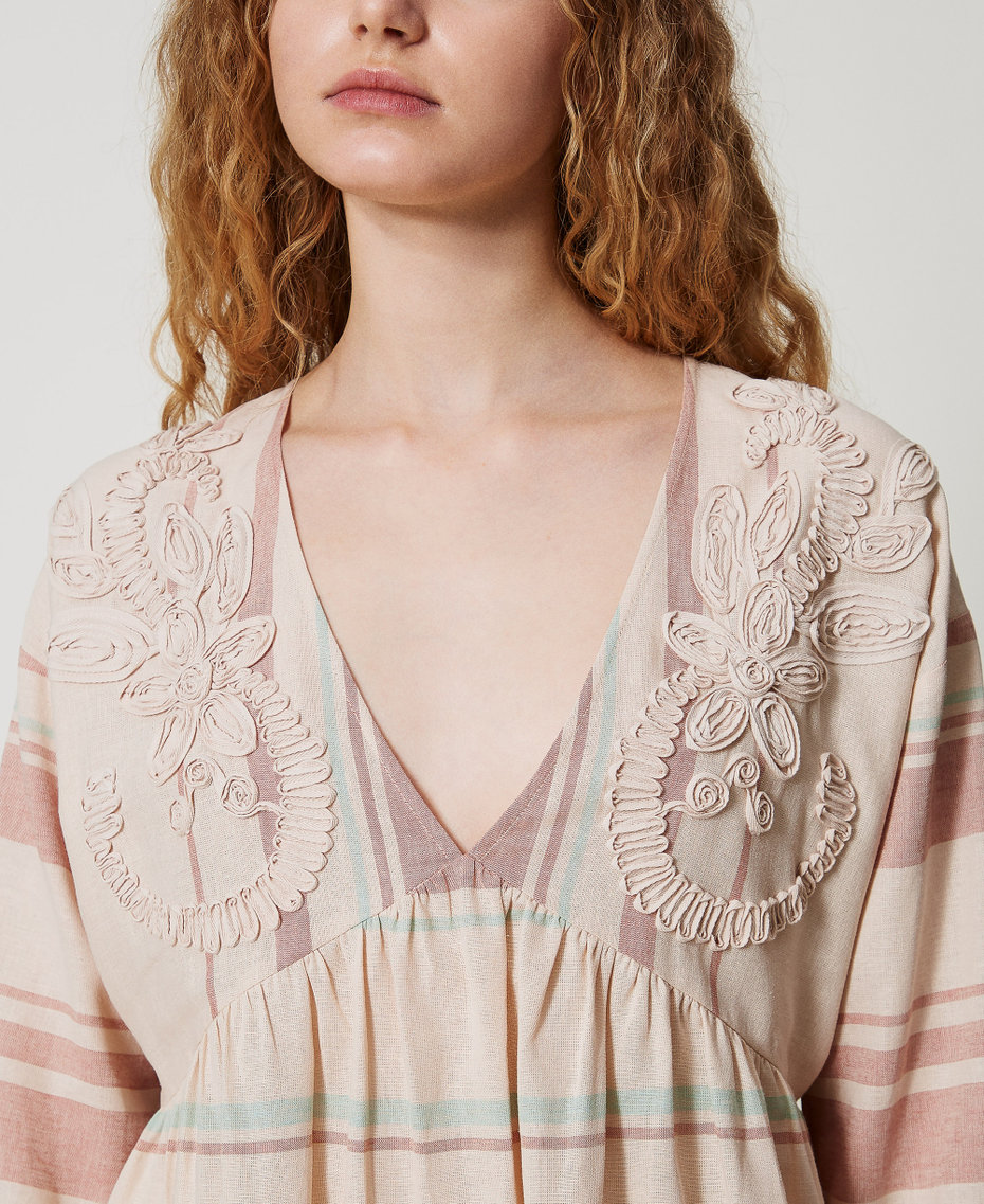 Caftan court en lin mélangé avec broderies Rayure Almond Beige/Green Marine/Amber Brown Femme 251LM2RCC_12377_04