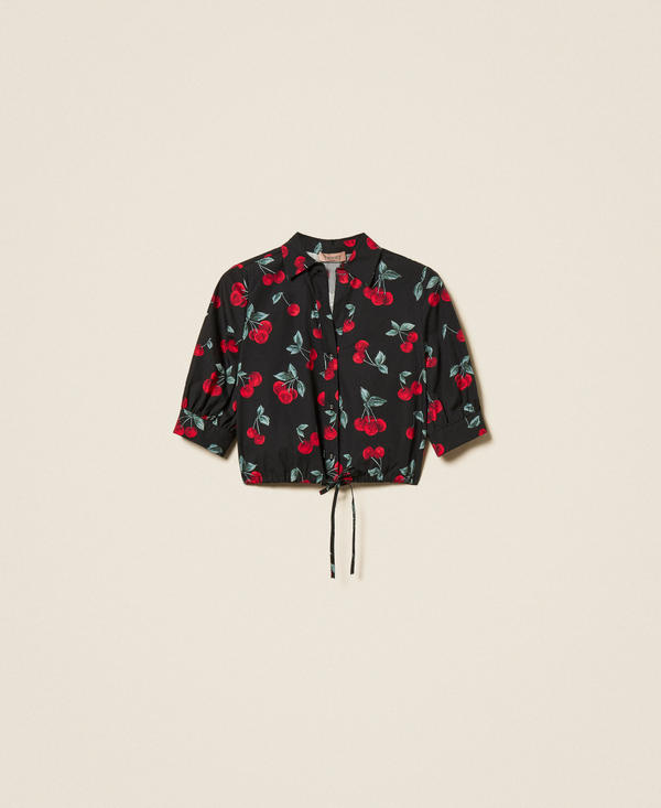 Cropped poplin shirt with cherry print