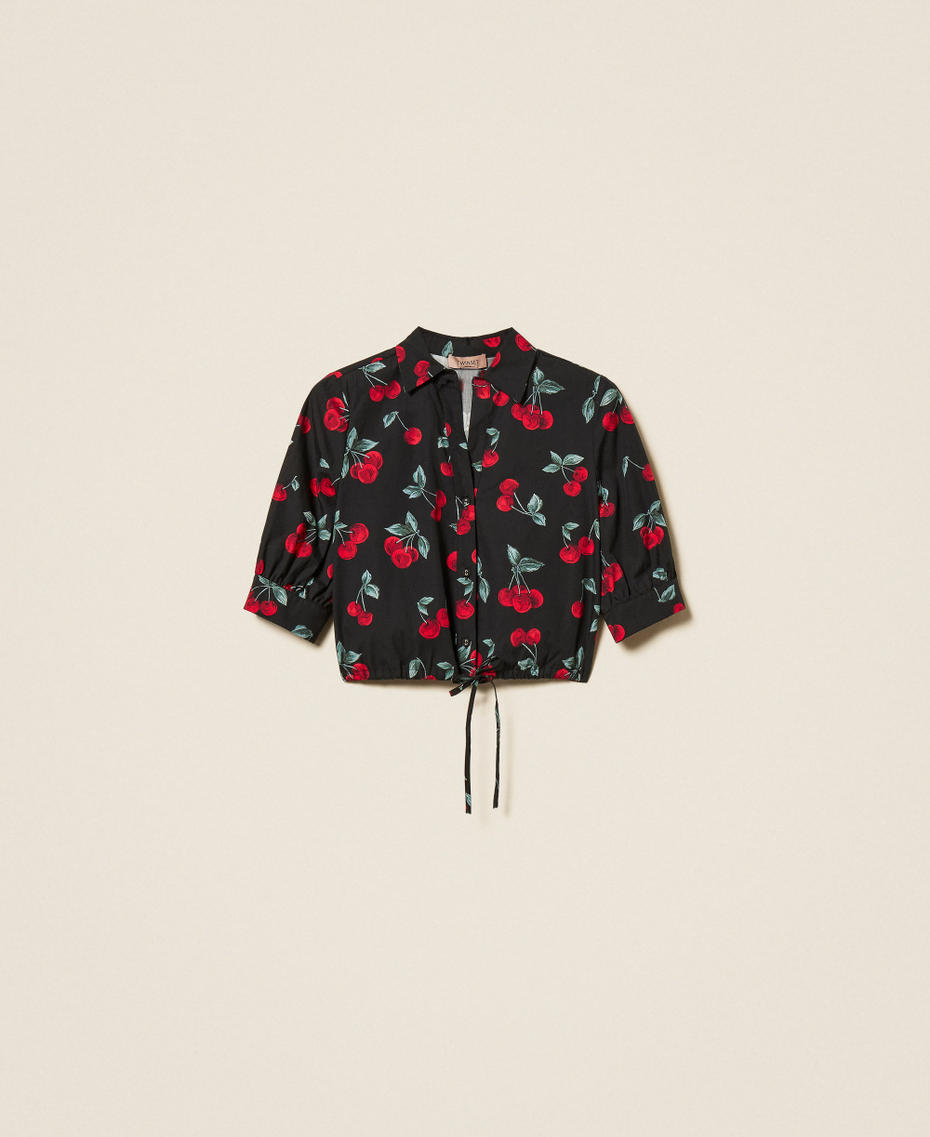 Cropped poplin shirt with cherry print Black/Red Cherries Allover Woman 261TT2593_13500_S0