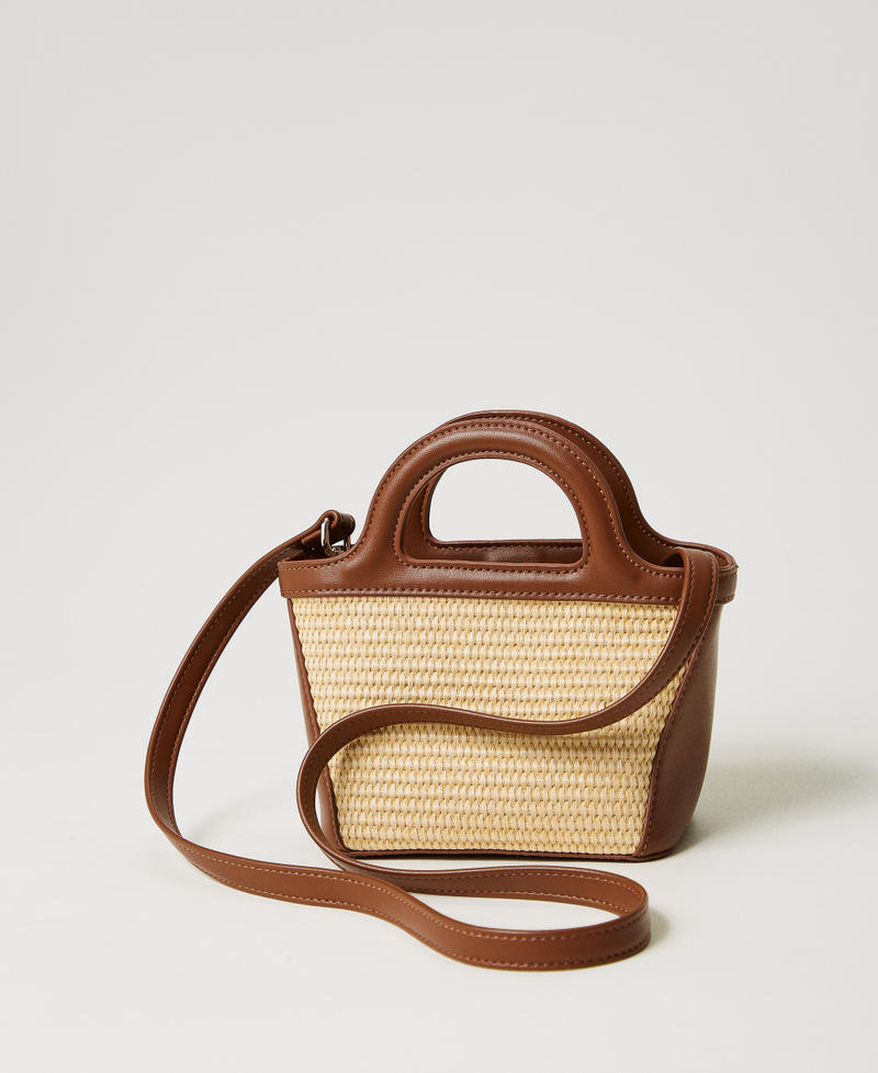 Faux straw shoulder bag with Oval T Two-tone "Straw" Beige / "Leather" Brown Girl 251GJ8012_11617_03
