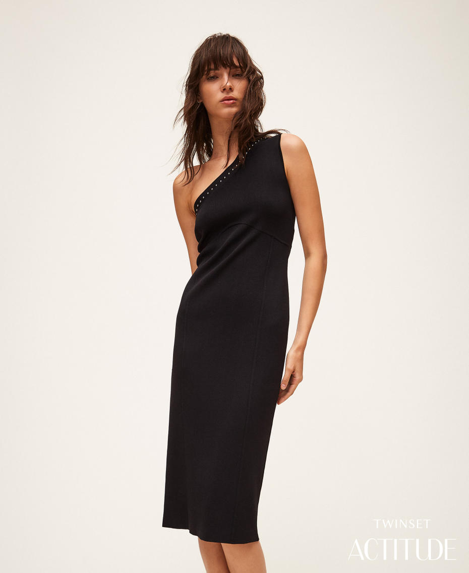 Einschultriges Midikleid aus Strick Schwarz Frau 261AP3120_00006_PA