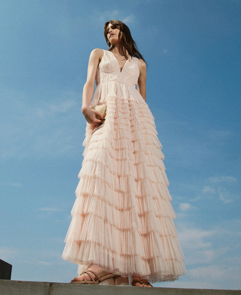 パーティードレス TWINSET TULLE DRESS Long pleated tulle dress Woman, Pink | TWINSET Milano