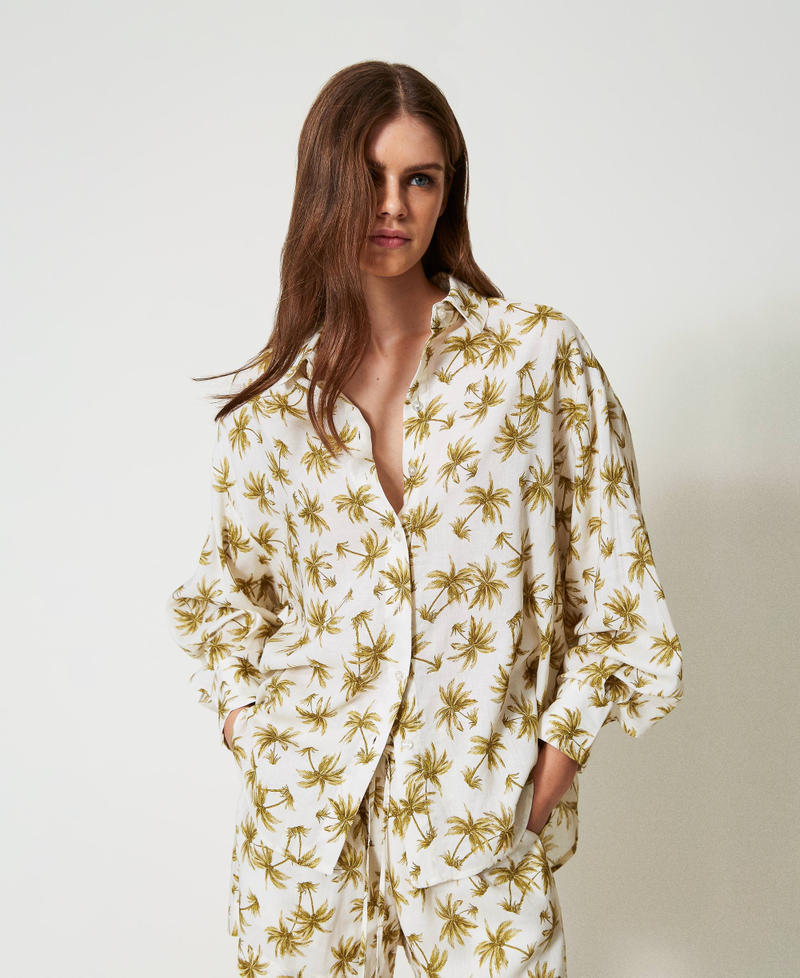Linen blend shirt with palm print Mother of Pearl/Olive Leaf Palm Print Woman 251LB2VBB_12196_01