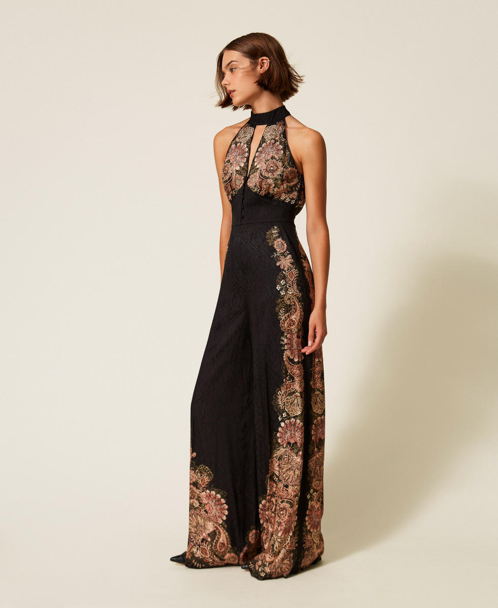 Long jacquard jumpsuit  with print Black/Rust Brown Paisley Print Woman 252TP2044_12742_02