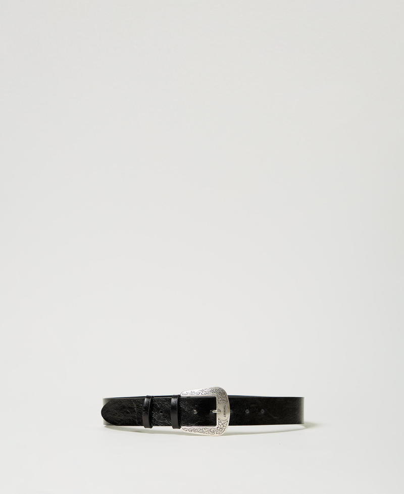 Gürtel aus Craquelé-Leder mit texanischer Schnalle Schwarz Frau 251TA4530_00006_01
