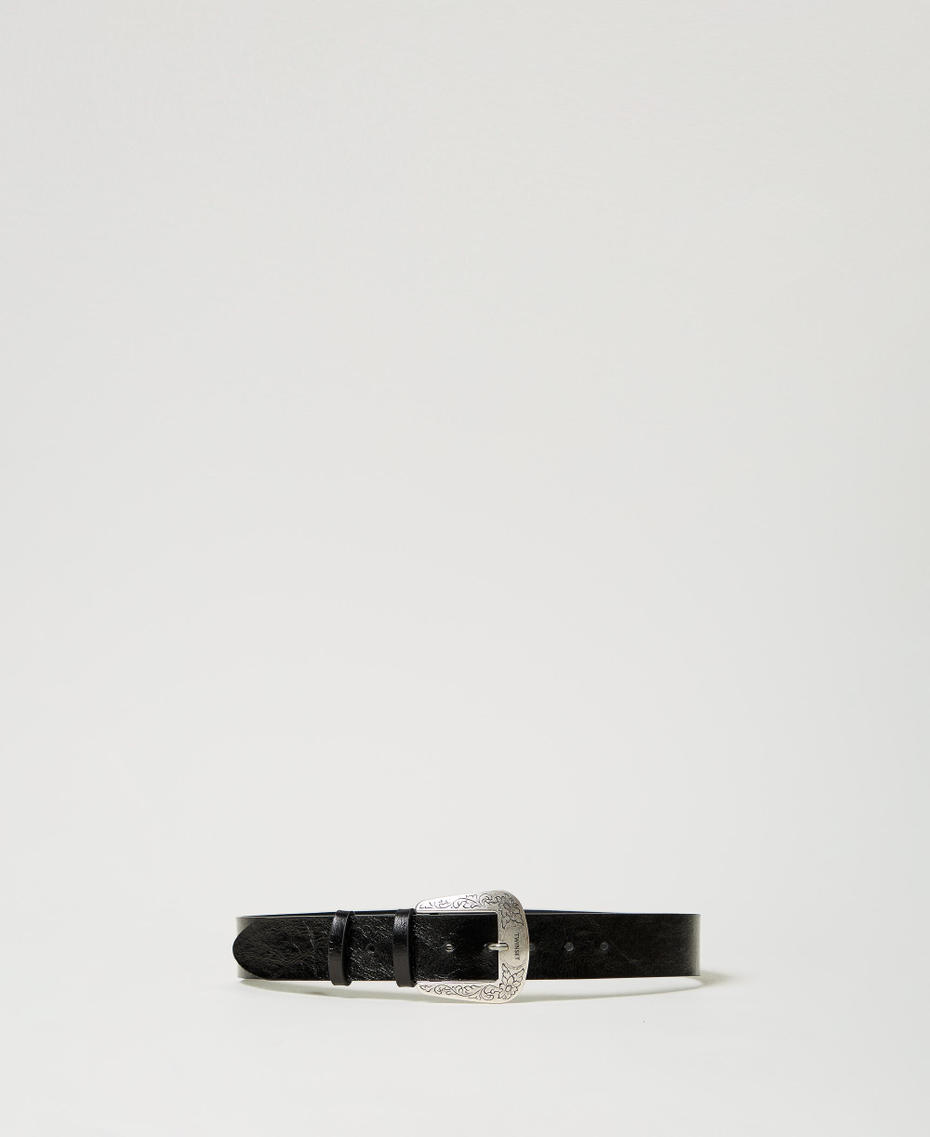 Gürtel aus Craquelé-Leder mit texanischer Schnalle Schwarz Frau 251TA4530_00006_01