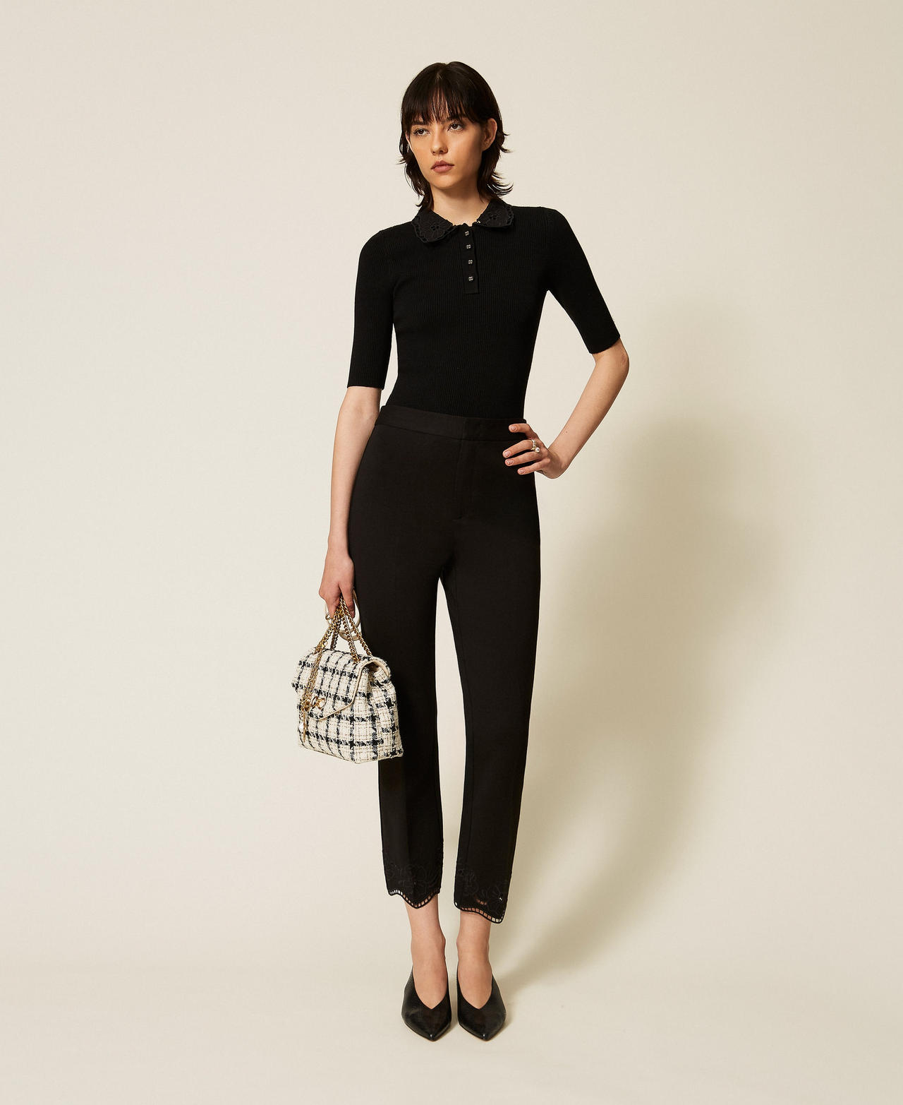 TWINSET - Pantalon droit avec broderie anglaise, Femme, Noir, 46