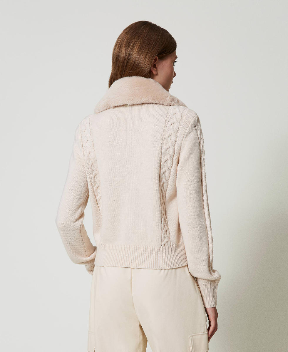 Short cardigan with faux fur collar Woman, Pink | TWINSET Milano