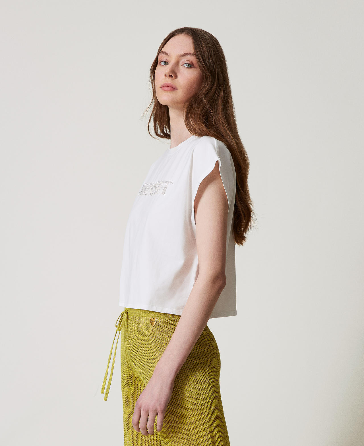 T-shirt con ricamo logo di perle Bianco Sugar Donna 251LM2TAA_00632_02