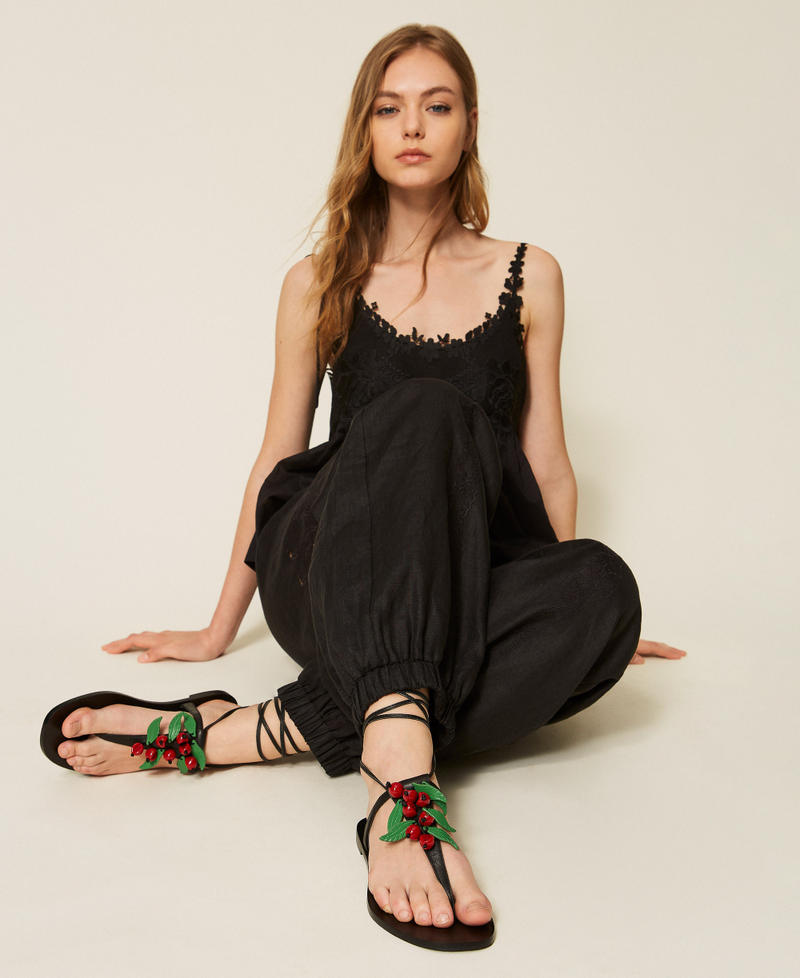 Leather thong sandals with cherries Black Woman 261TGT100_00006_T0