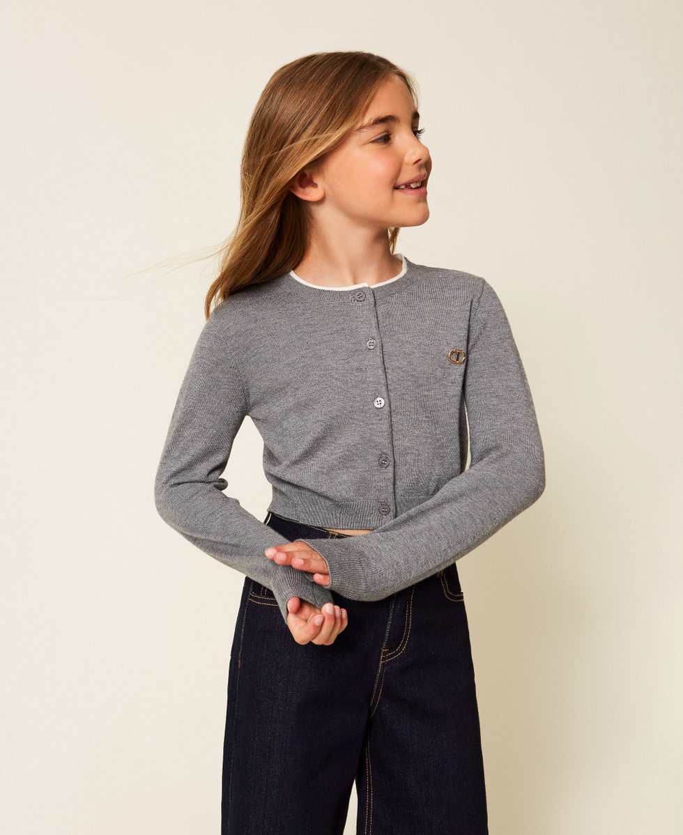 Korean cardigan with Oval T Mid Melange Grey Girl 252GJ3010_11727_01